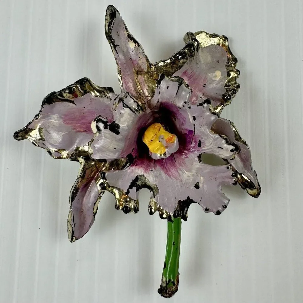 Vintage Floral Pink Purple Flower Orchid Painted Enamel Brooch Lightweight